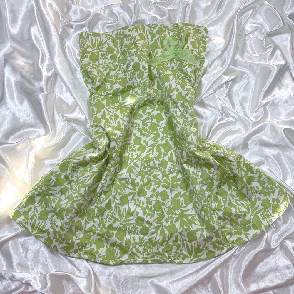 y2k Mini Skirt Green Excellent Autograph New York Floral Bow Cotton Blend Size 6